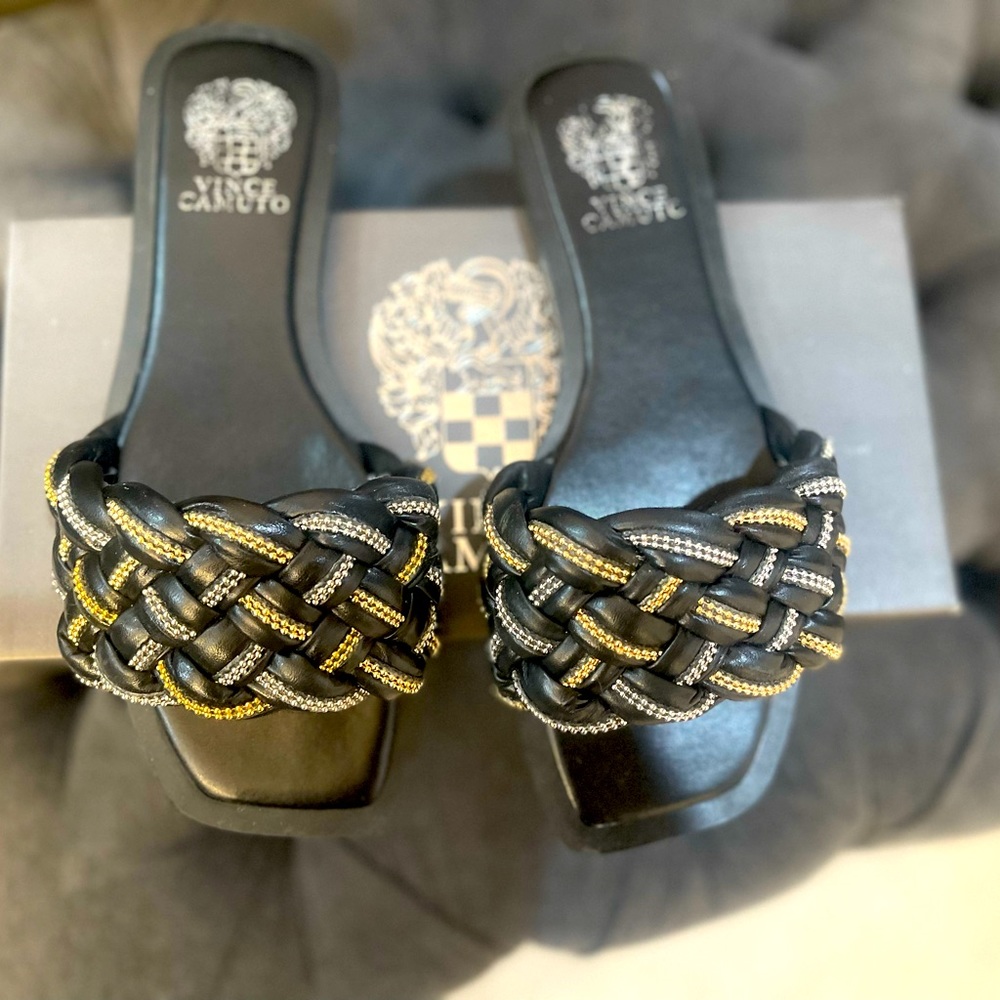 Vince Camuto, size 9, black and gold flats